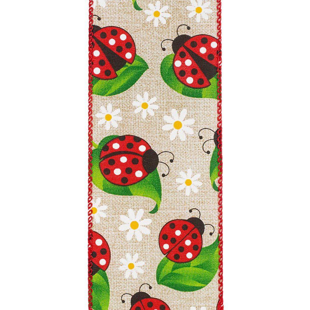 Wired edge fabric roll featuring a ladybug and daisy pattern on polyester material.