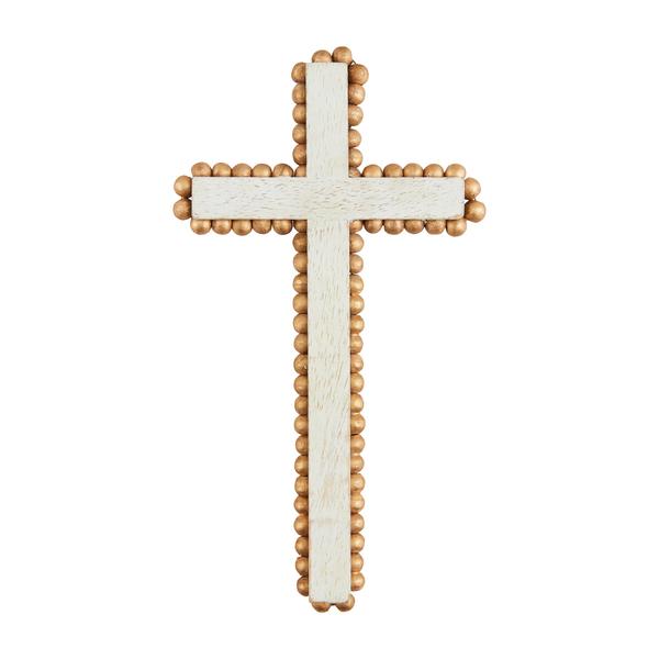 Large mango wood decorative cross with intricate gold bead detailing