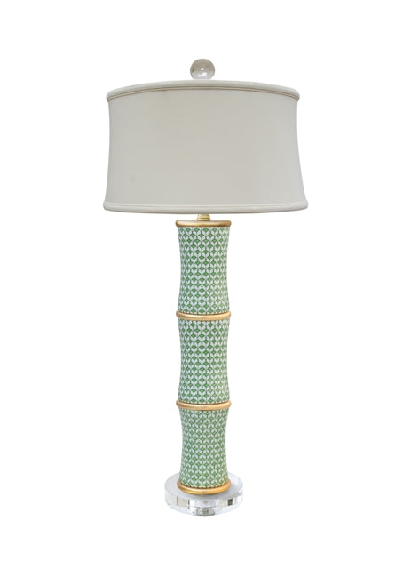 Porcelain green fish scale bamboo lamp with a white drum shade and crystal base.
