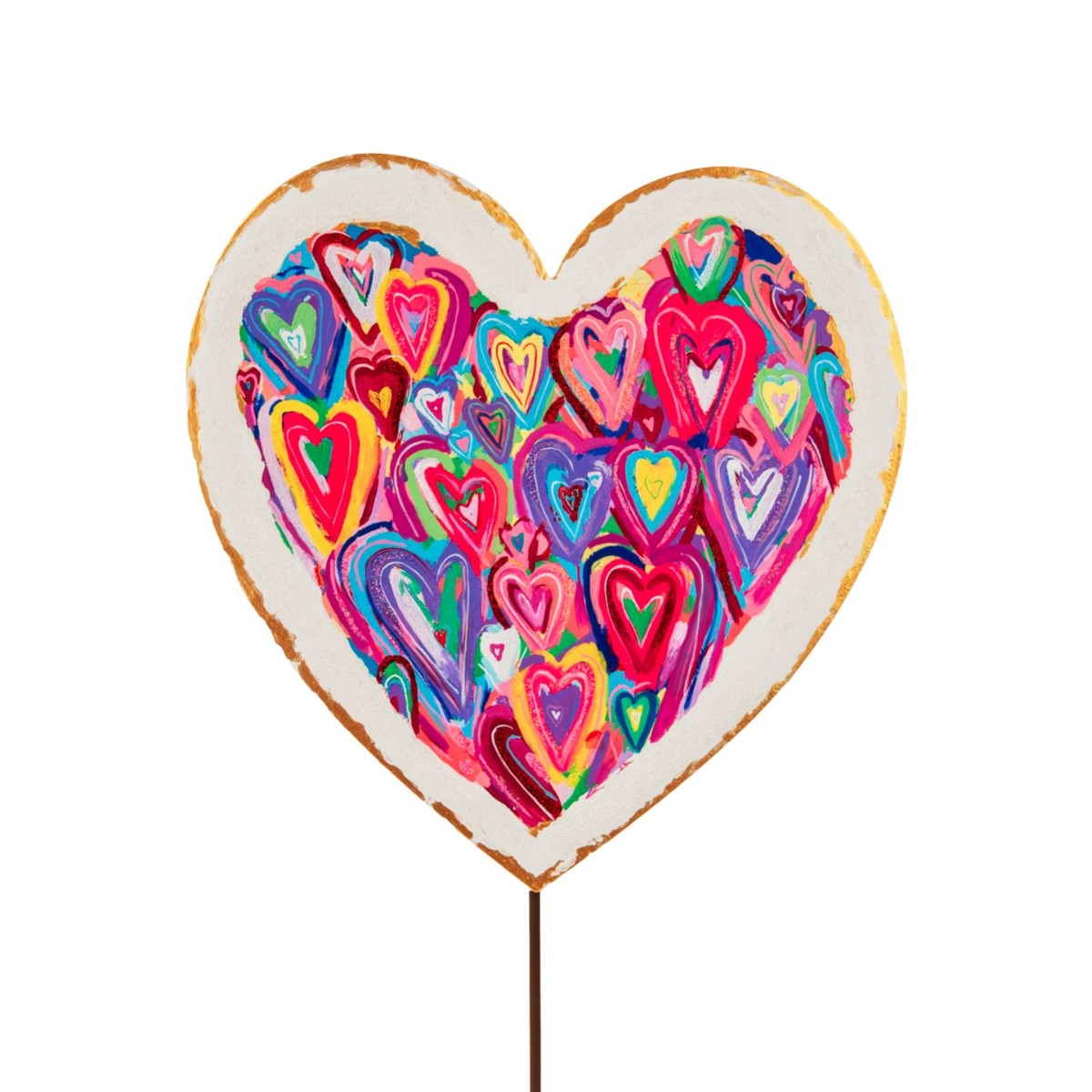 Heart-shaped stake with a messy heart pattern in red on white background
