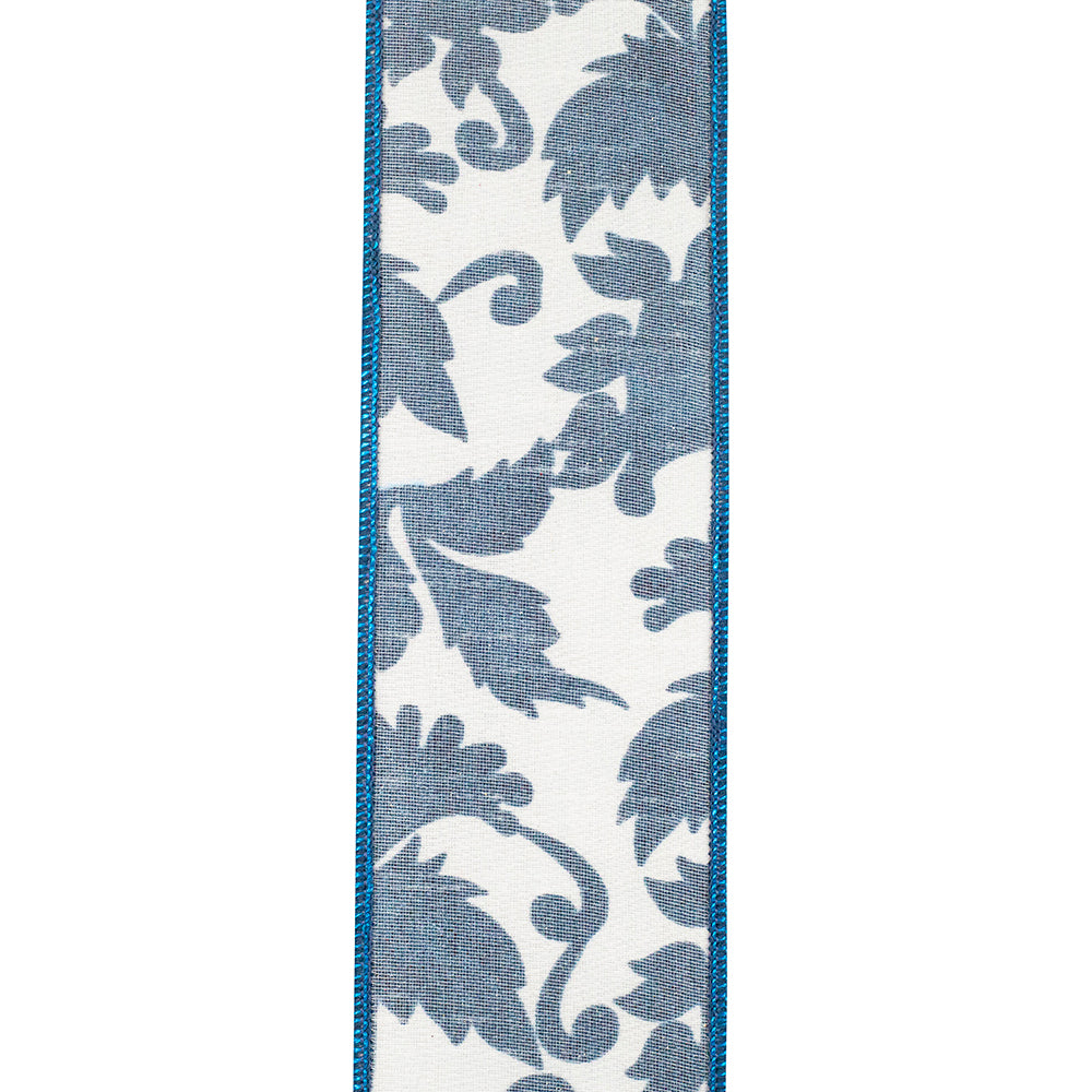 2-1/2 inch white wired edge ribbon with a blue scroll leaf pattern and blue stitched borders.