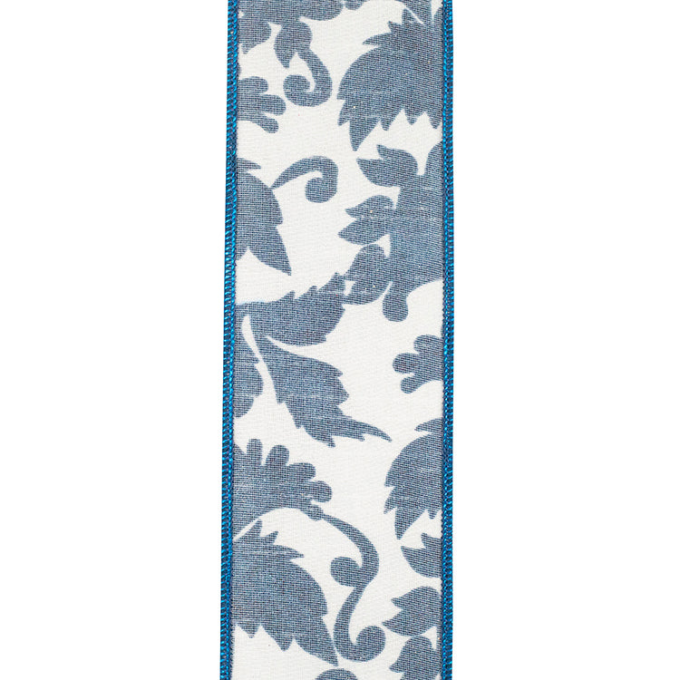 2-1/2 inch white wired edge ribbon with a blue scroll leaf pattern and blue stitched borders.