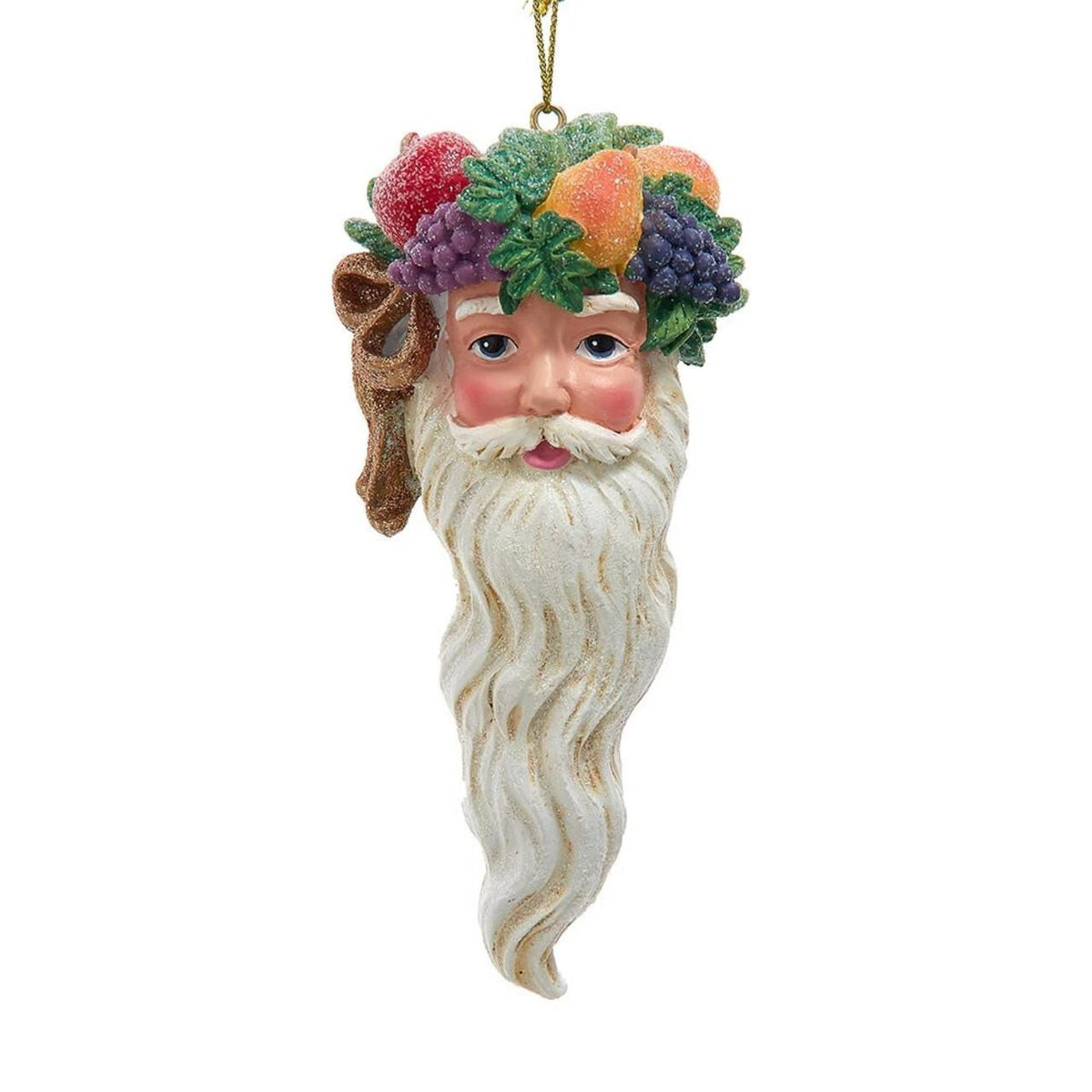 Santa head ornament with a long white beard and a crown of colorful fruit and green leaves.
