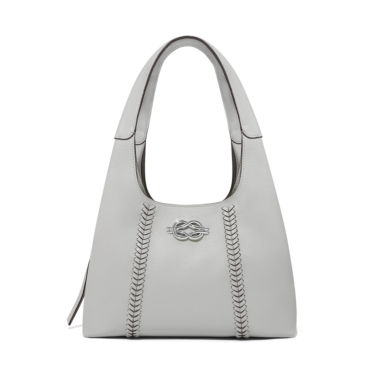 Sterling grey leather shoulder bag with braided details and a silver interlock knot emblem.