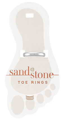 A silver Sand & Stone toe ring displayed on a foot-shaped white and tan card.