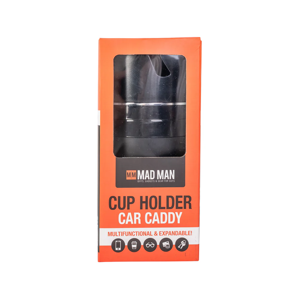 Black rotating car caddy with cup holder base storing keys