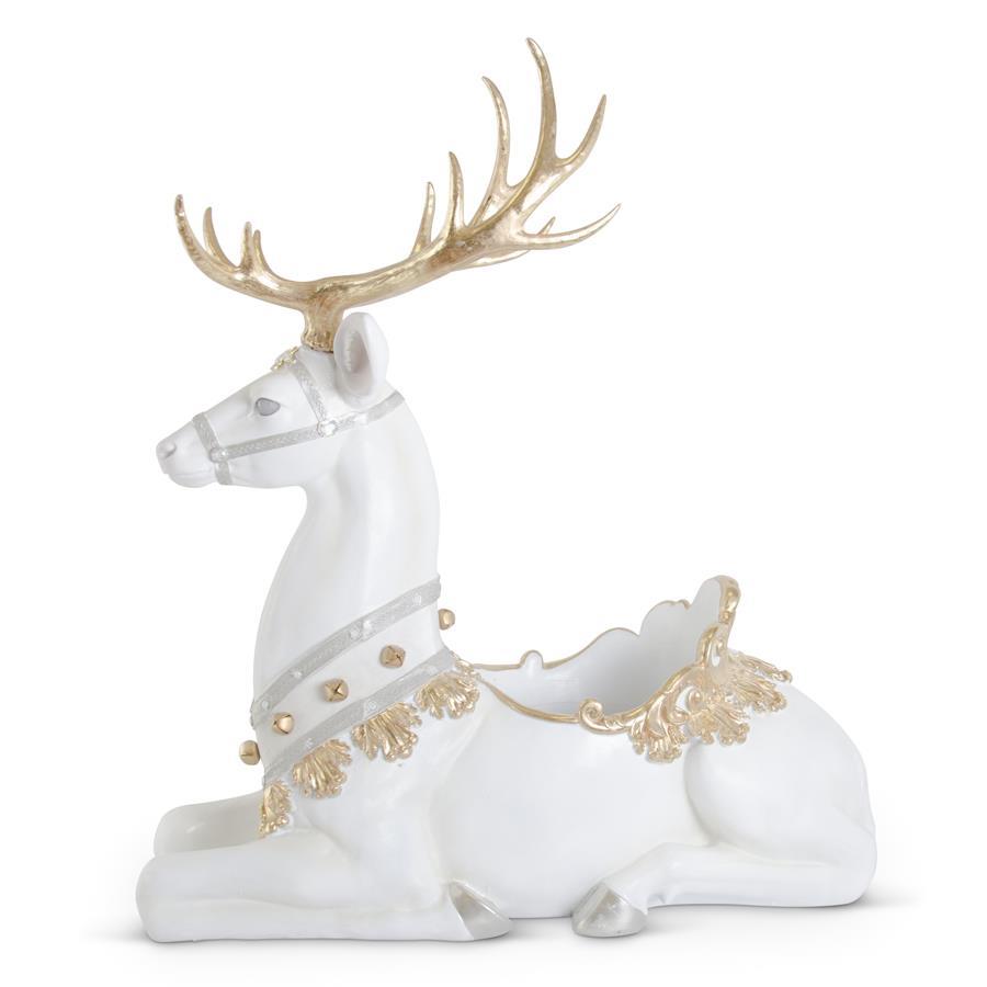 45-inch white resin container with glittered finish, ornate jeweled reindeer silhouette and decorative details.