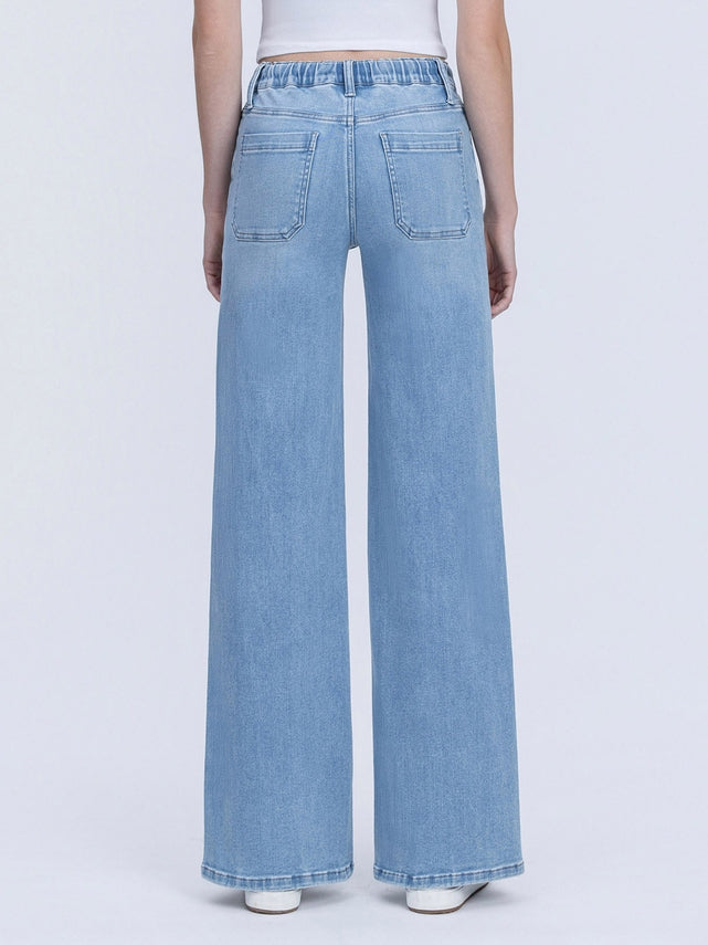 Front view of Maggie high-rise wide-leg jeans in light wash denim with an elastic waistband and drawstring.