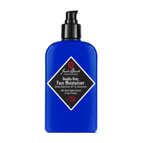 8.5oz Jack Black Double-Duty Face Moisturizer SPF 20 in a blue pump bottle.
