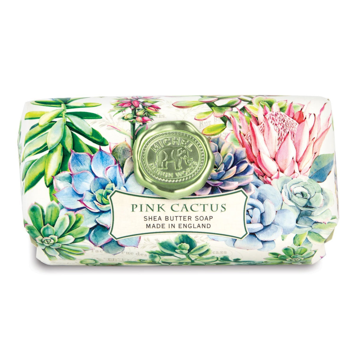 Large rectangular bar of Pink Cactus shea butter soap with a floral and succulent botanical print.