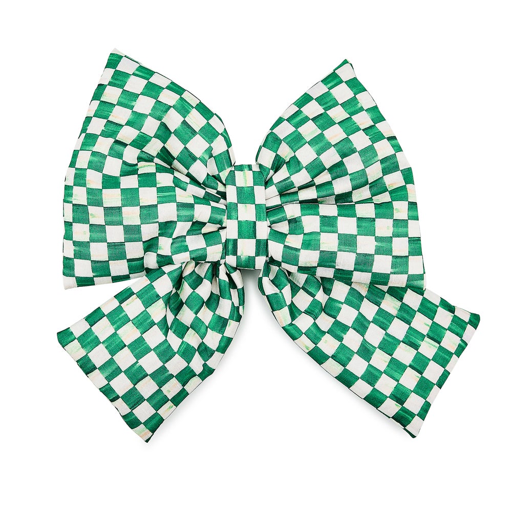 Red polyester check bow ornament with white grid pattern.