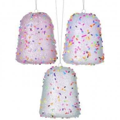 Three-and-a-half-inch gumdrop ornament with candy sprinkles pattern in pastel colors.
