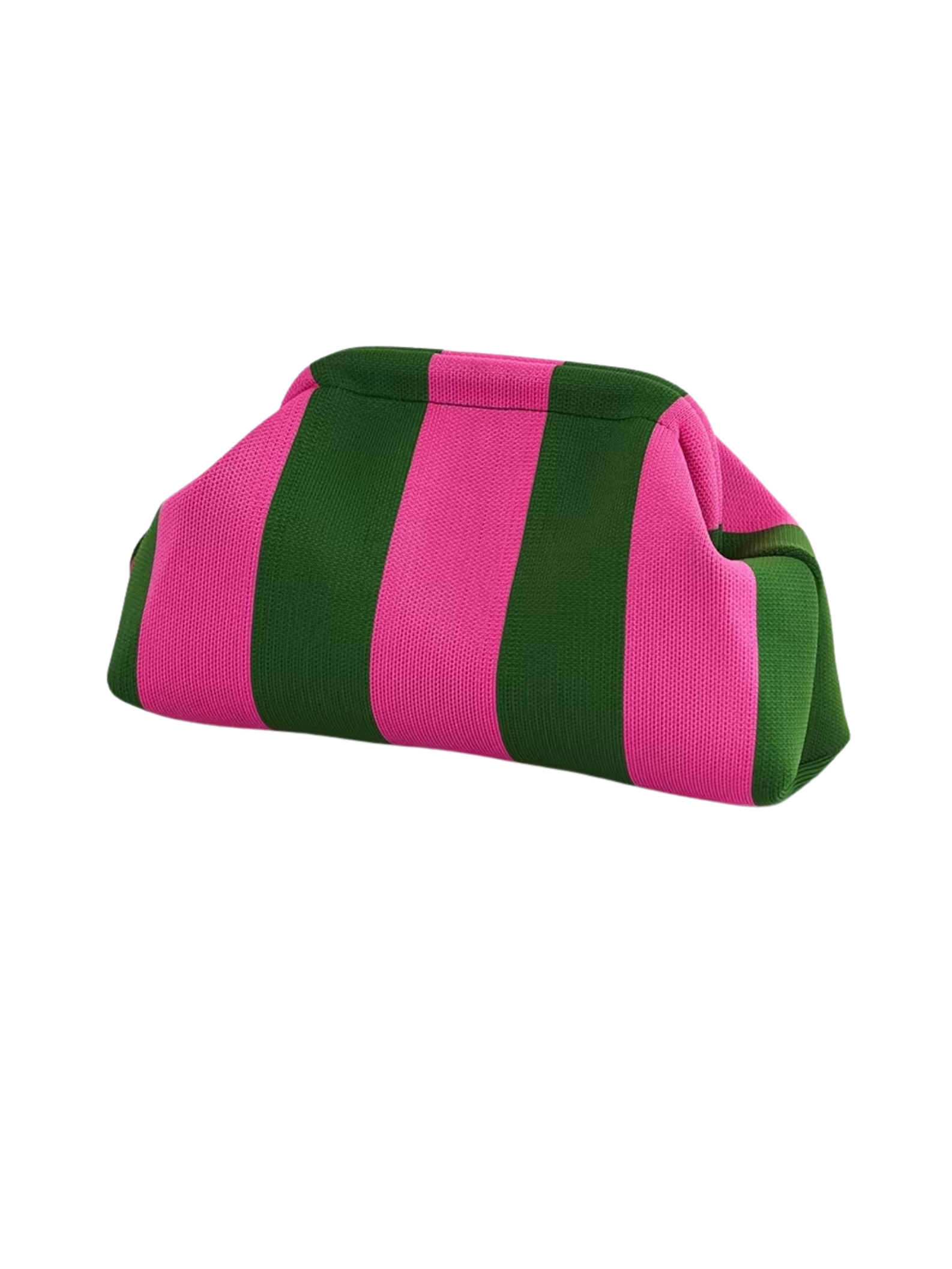 Pink and green vertical striped knit clutch bag with a soft, slouchy frame closure.