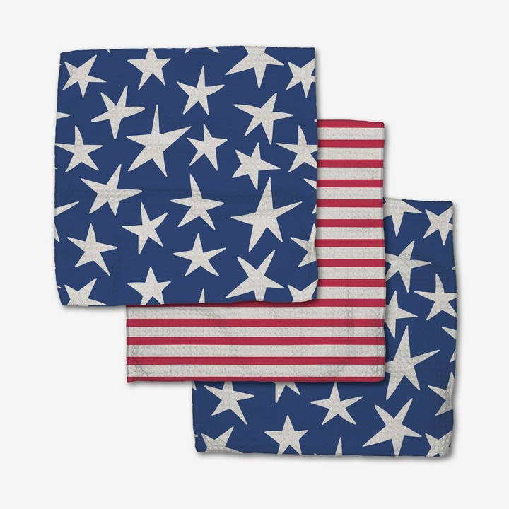 Set of three waffle weave dishcloths in recycled polyester with single-sided prints and hang loops.