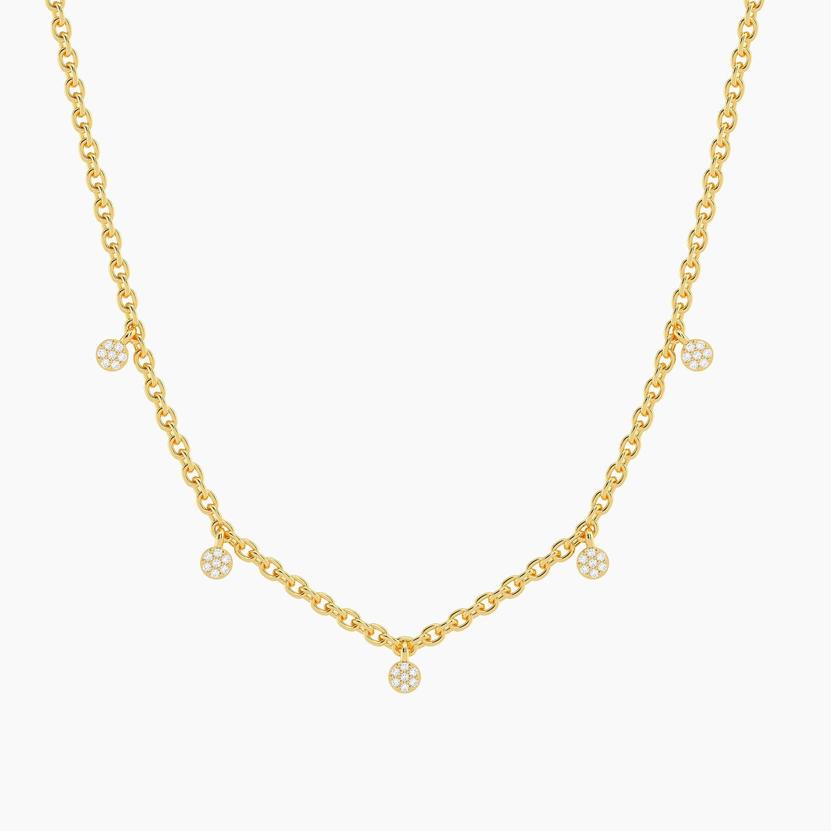 Gold plated stainless steel chain necklace with a small circle pendant.
