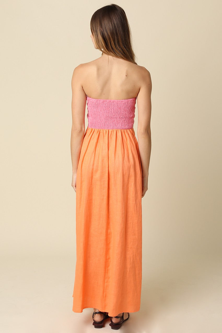 Mei Contrast strapless linen maxi dress with smocked back panel in natural fabric.