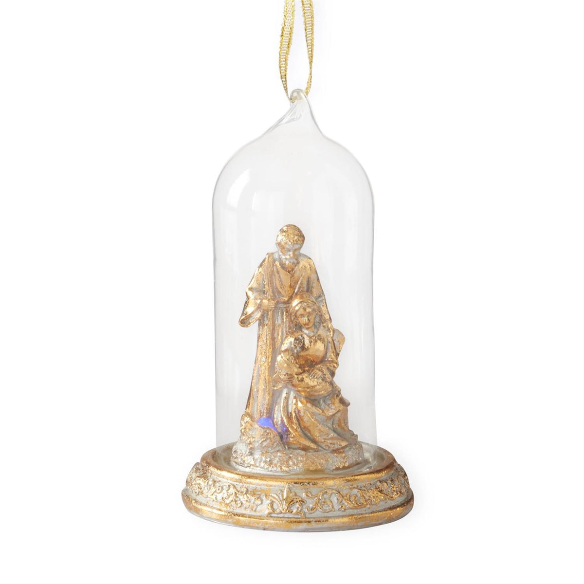 5-inch gold nativity scene inside a glass cloche ornament with a decorative LED base.