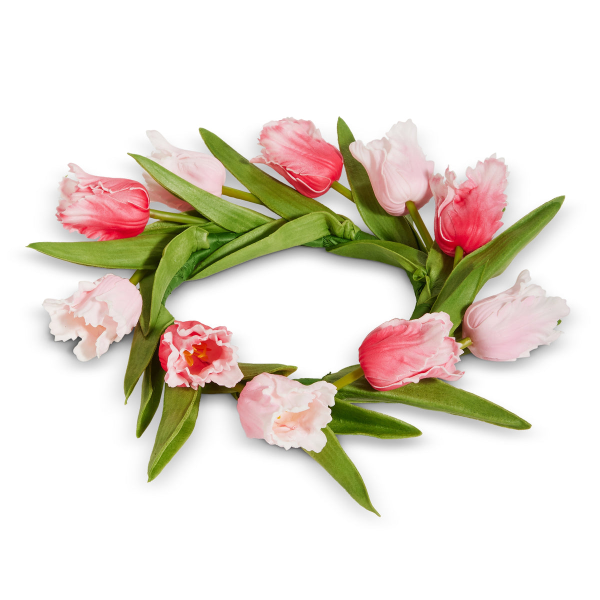 Mini wreath candle ring with mixed pink parrot tulip PU flowers measuring 10.5 inches in diameter.