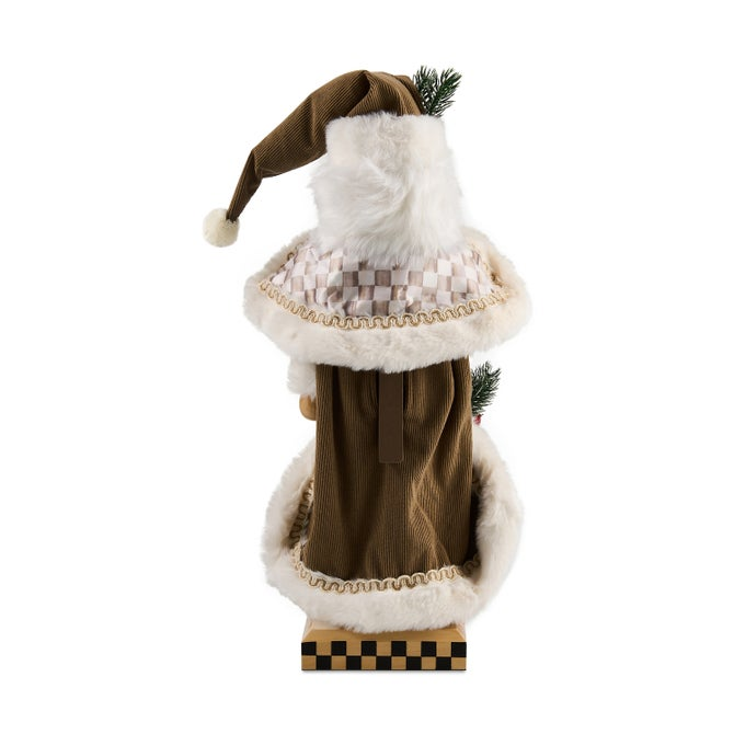 Back view of a Mocha Check Wood Santa Nutcracker with a brown corduroy coat and checkered capelet.