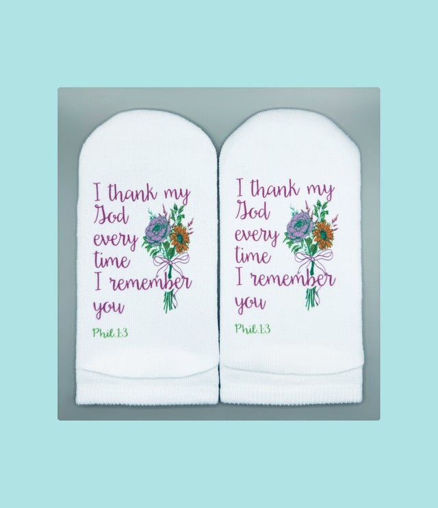 White no-show socks featuring a floral bouquet and the text 'I thank my God every time I remember you'