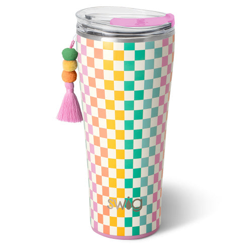 32oz stainless steel tumbler with a colorful checkered pattern and a decorative pom-pom tassel.