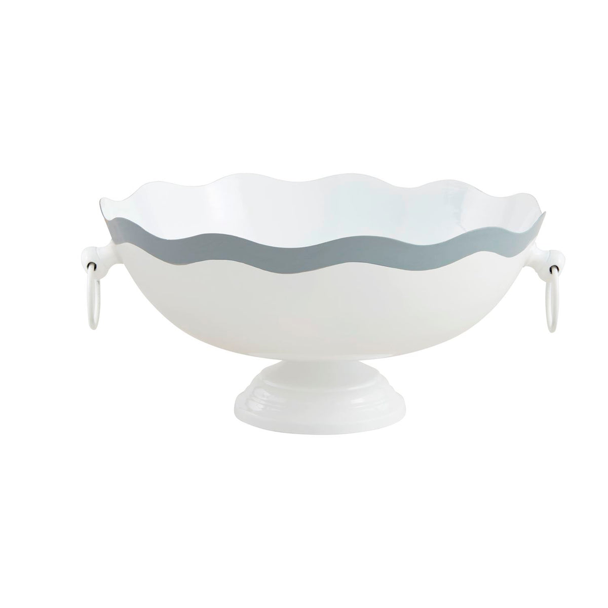 White metal wavy pedestal bowl with a grey scalloped rim and side ring handles.