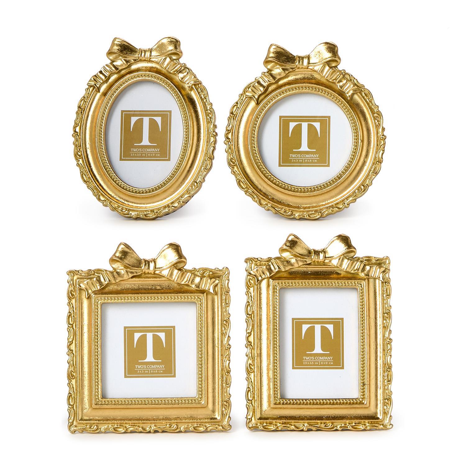 Four gold mini photo frames in oval and rectangular shapes, each featuring a decorative accent bow.