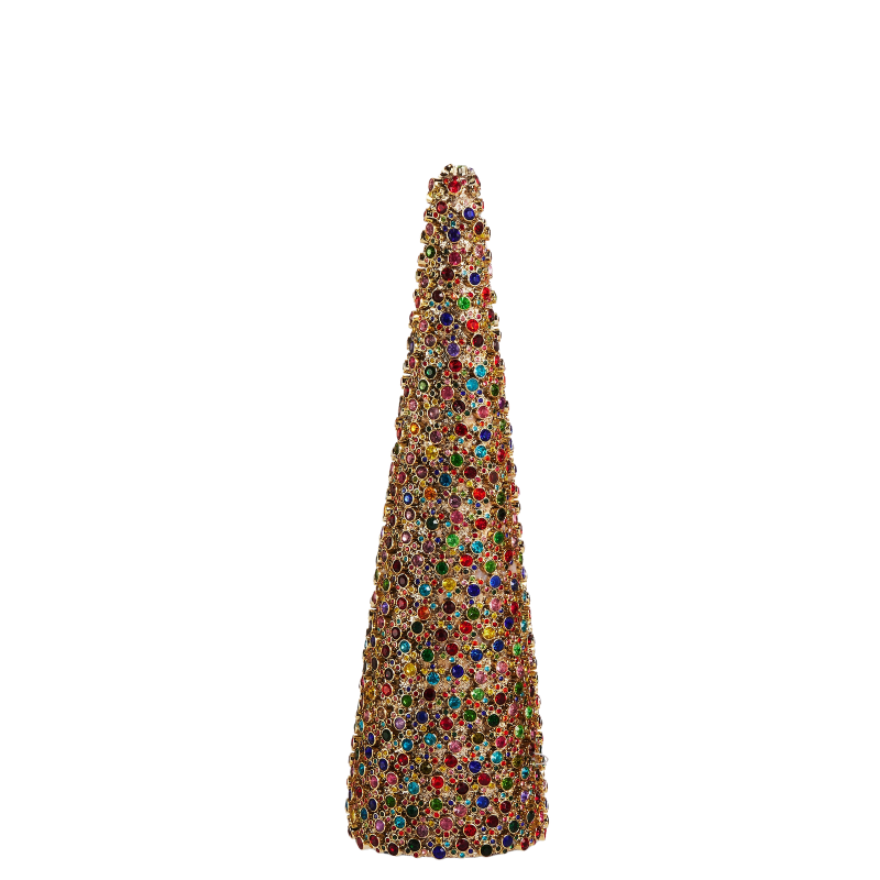 Multicolor jewel-encrusted cone decoration with gold base and vibrant sparkling gems.