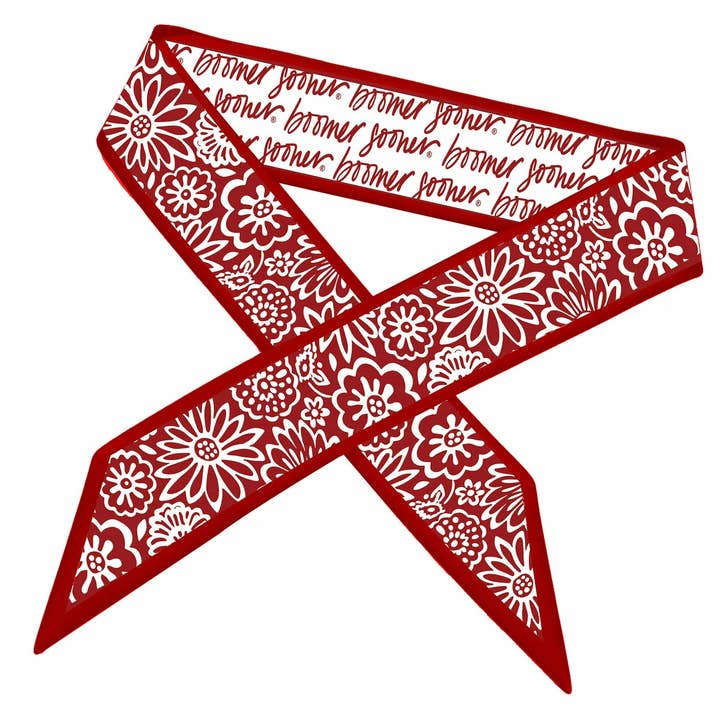Red and white Oklahoma Sooners skinny scarf with floral patterns and Boomer Sooner script.