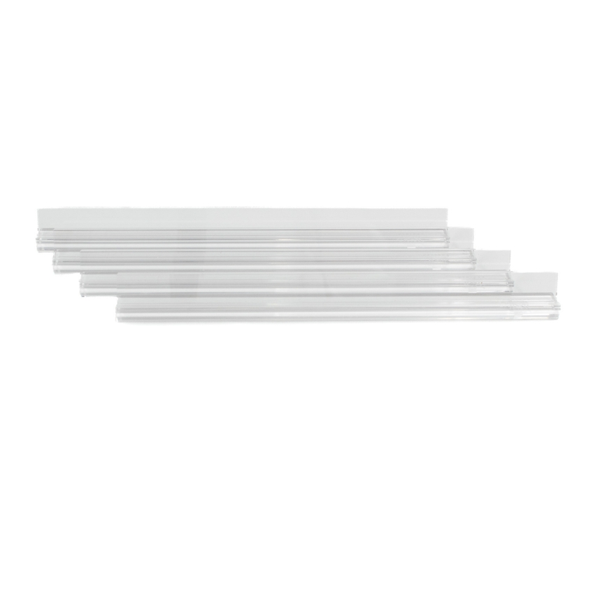 Set of four clear acrylic mini travel mahjong racks stacked horizontally.