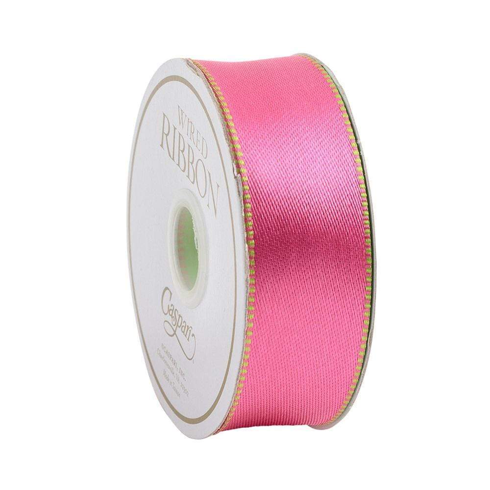 A 10-yard spool of 1-inch wide pink satin wired ribbon with a thin green border.
