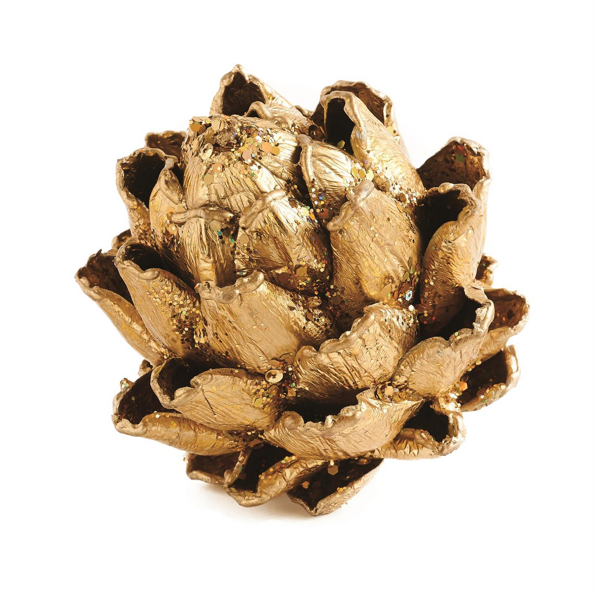 6 inch gold glitter artichoke decorative ornament with a metallic finish on a white background.