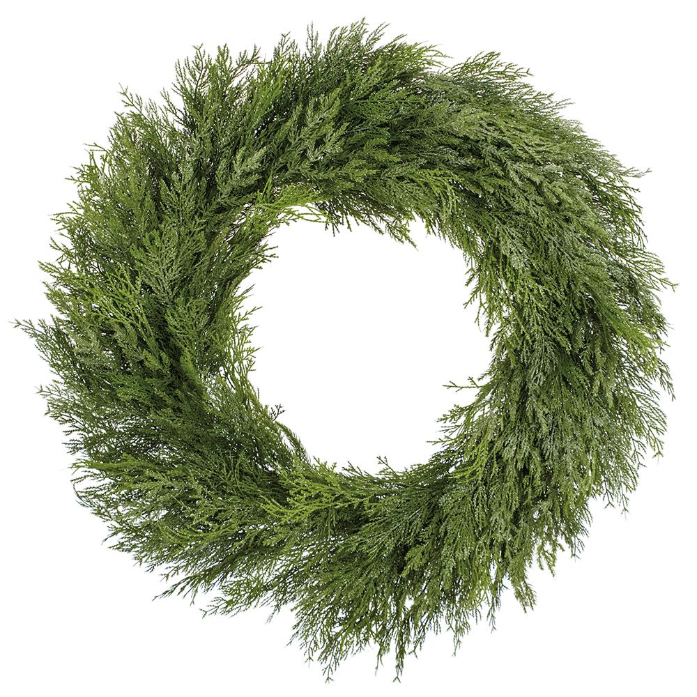 35-inch green mixed cedar wreath with glitter finish and climbing fern accents