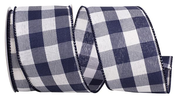 Celine plaid twill wired edge trim tape in navy blue with white check pattern