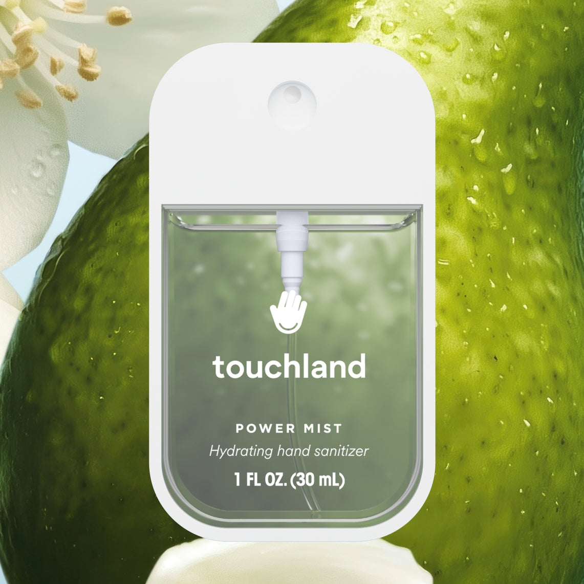 White bottle of Power Mist Hydrating Hand Sanitizer with pump dispenser.