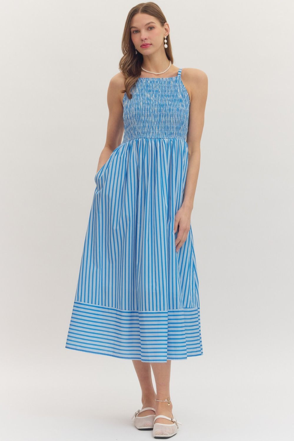 Kenzie Solid Striped Sleeveless Midi Dress
