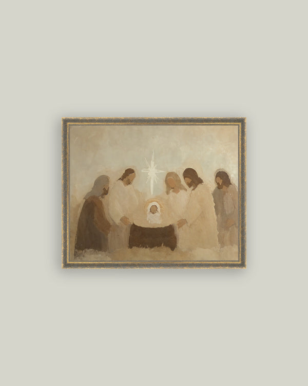 32x24 canvas print featuring a neutral nativity scene with patina gold accents and textured fabric finish.