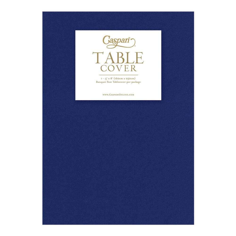 Navy blue paper linen table cover in packaging, measuring 5 feet by 8 feet.