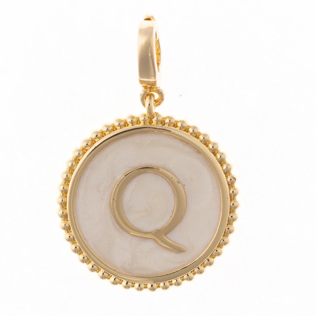 Madison Initial Charm in 18k gold plating with a 'Q' and faux mother of pearl inlay.