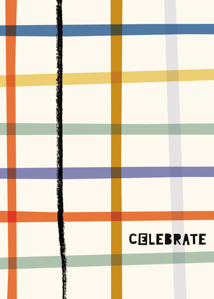 Celebrate Grid Greeting Card with a colorful hand-drawn plaid pattern and the word CELEBRATE.