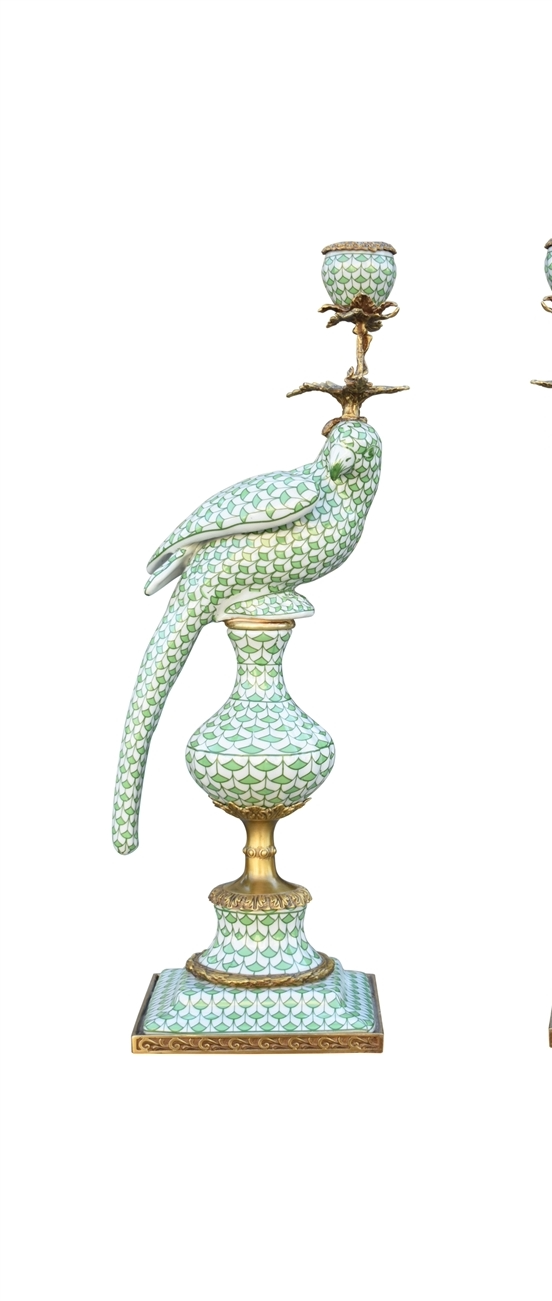 Right-facing porcelain bird candlestick with green fish scale pattern and bronze accents.
