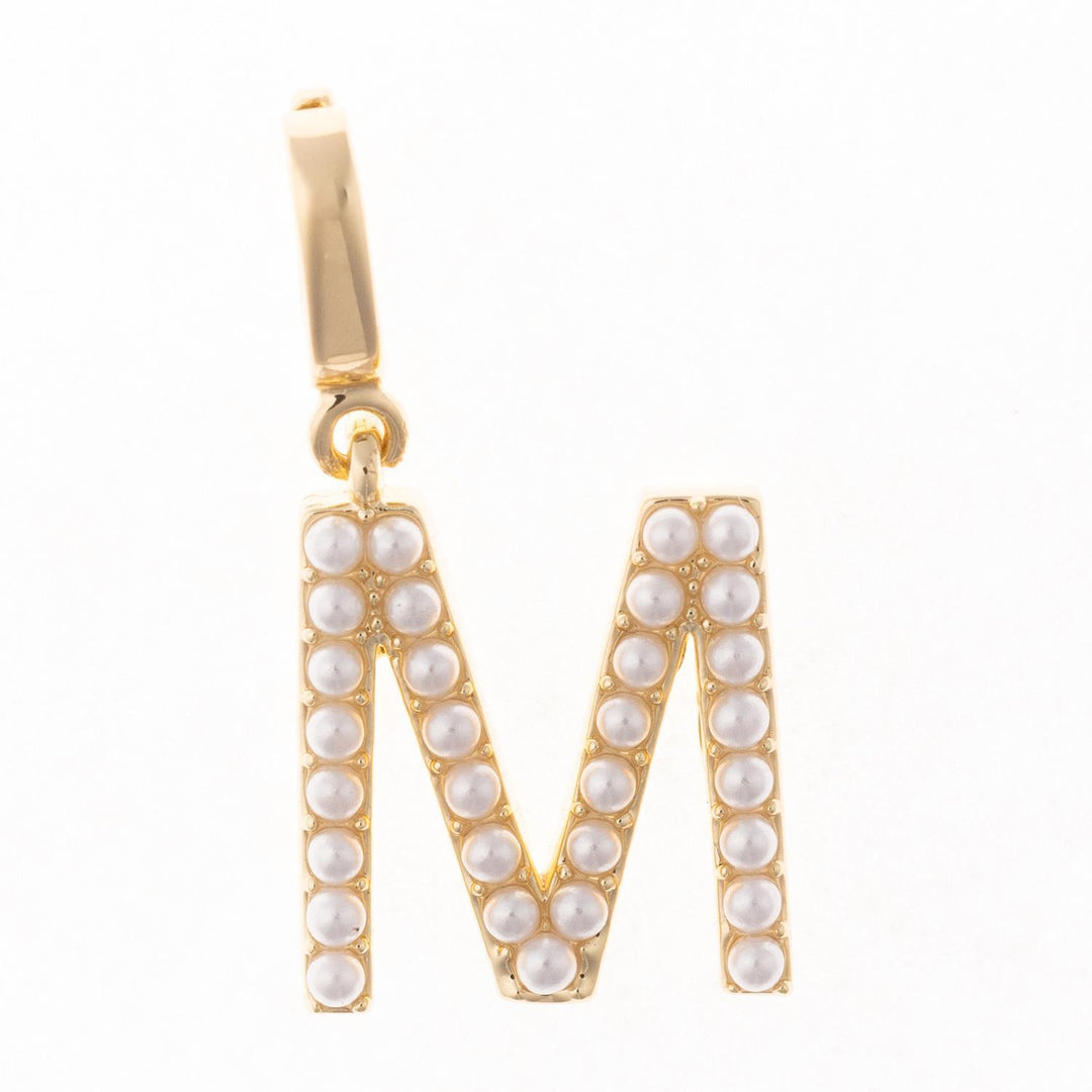 18k gold plated letter M charm with small white pearls and a clasp for a chain.