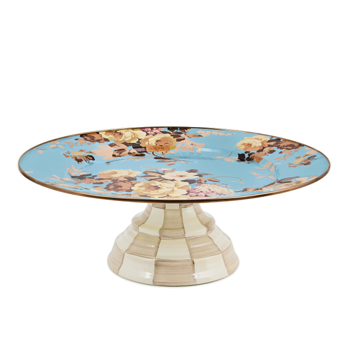 Large pedestal platter with a blue floral top and a beige checkered base.