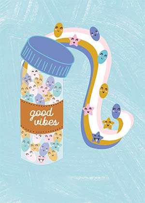 White greeting card with 'Get Well Good Vibes' text in colorful playful font and cheerful doodle illustrations.