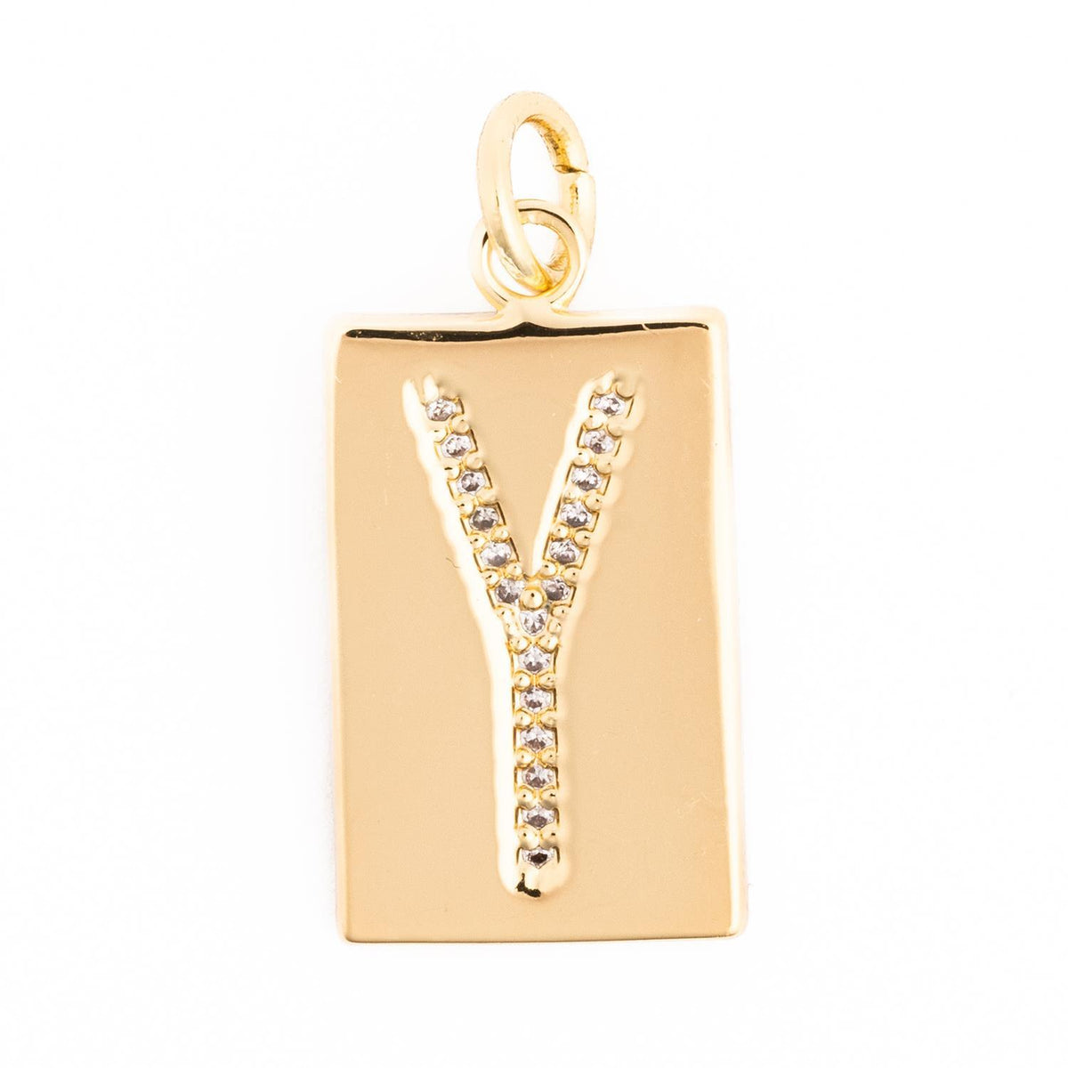 Gold rectangular charm featuring a crystal-encrusted letter Y on a white background.