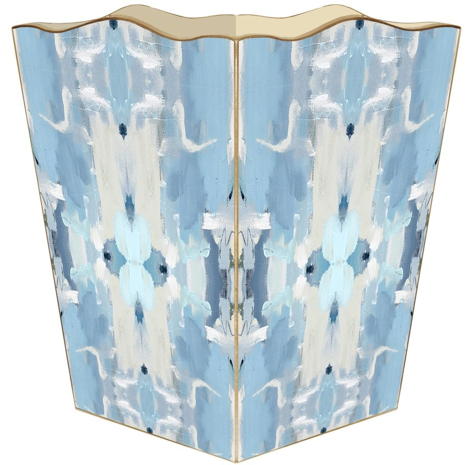Scalloped-top wastepaper basket with gold-painted edges on a water-resistant exterior.