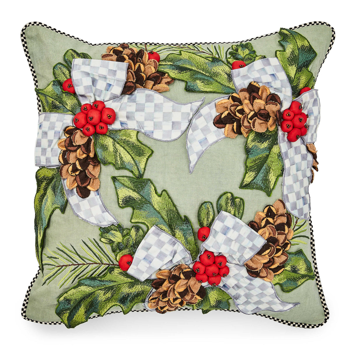 Farmhouse holly holiday throw pillow with red green leaf print on natural linen fabric