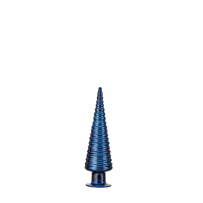 Tall, slender blue mercury glass Christmas tree figurine with a ribbed texture and pedestal base.