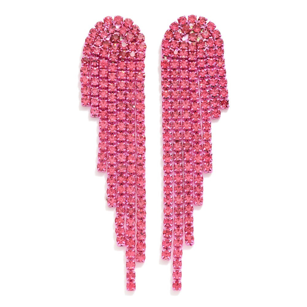 Pink rhinestone tassel post drop earrings featuring tiered crystal strands in a wing-like shape.