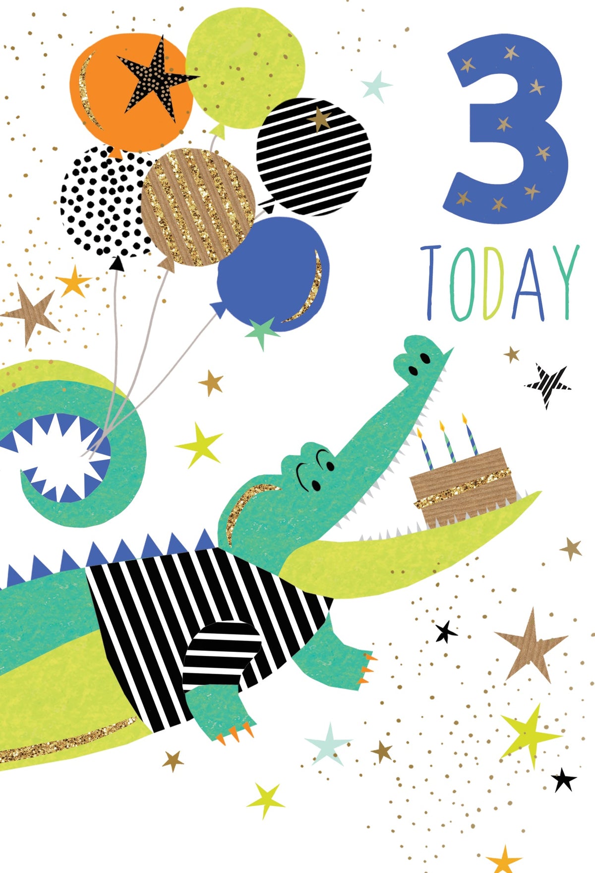 A 3rd birthday card featuring a green crocodile holding a cake, with balloons and stars.